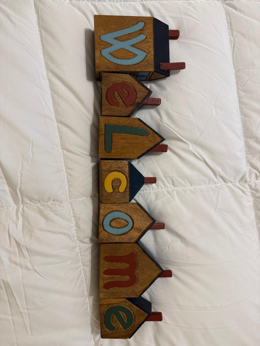 Wooden 'Welcome'  Blocks  in Brown with Multi-Color Lettering